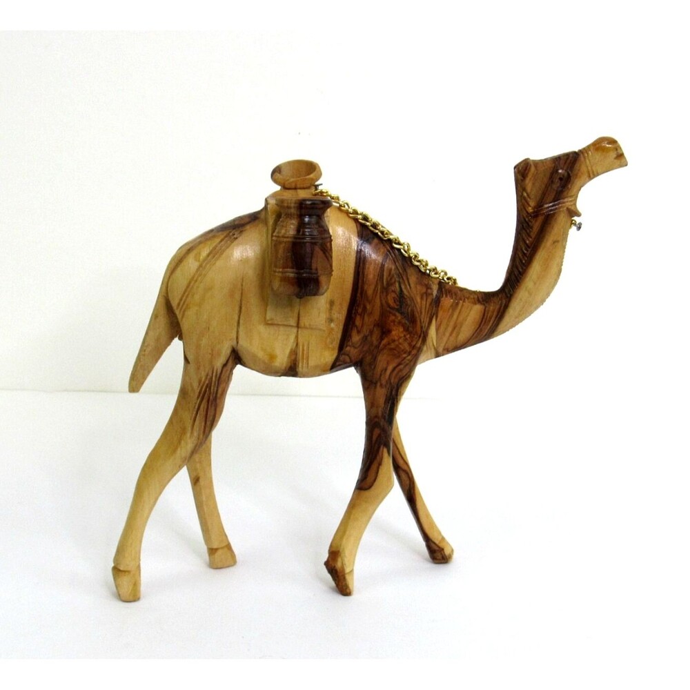 Carved Olive Wood Holy Land Camel Complete with Jugs & Chains 7.5" x 7.5"